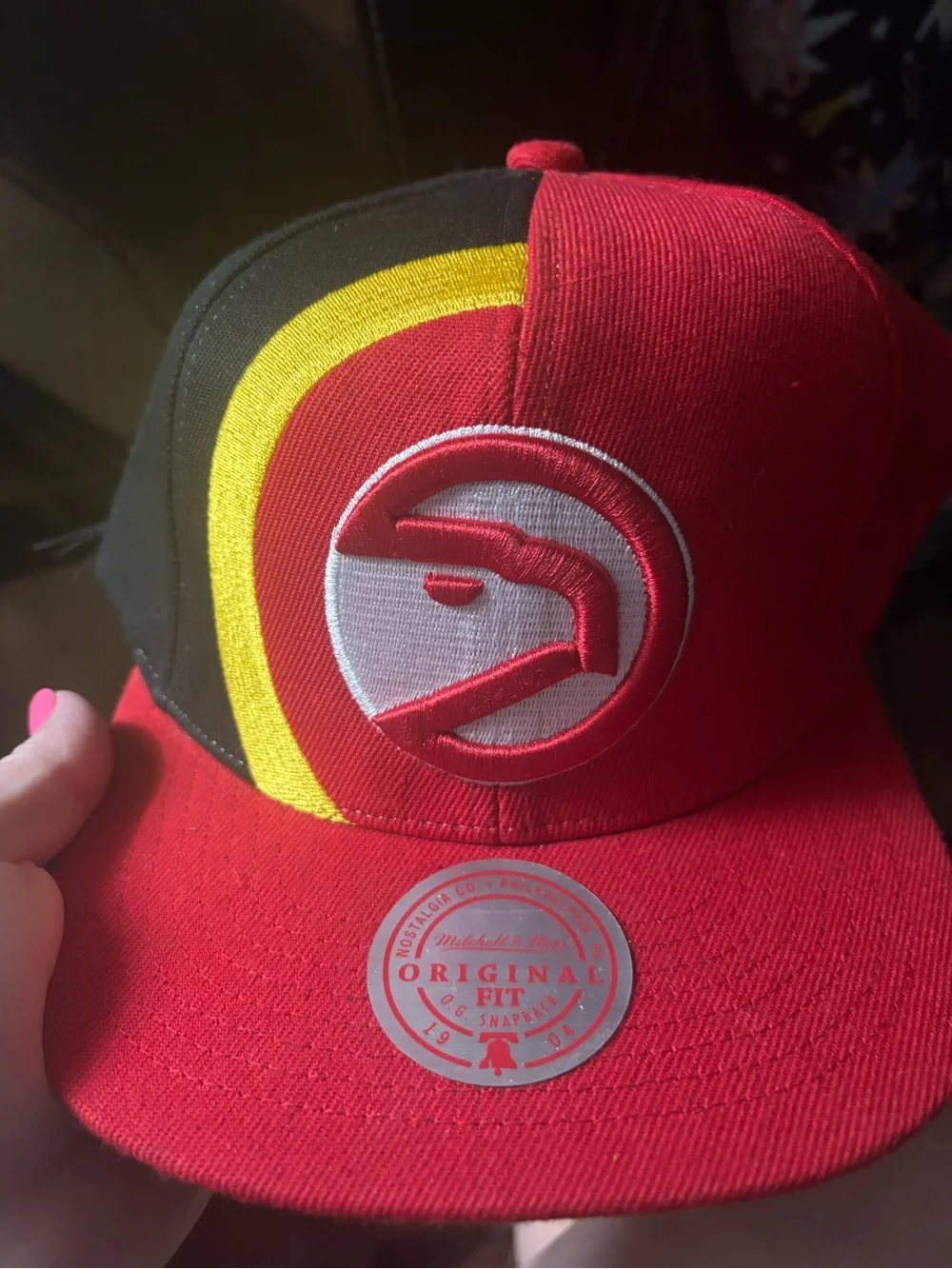 Red Atlanta Hawks Snapback Hat with Yellow & Black Accent retro line